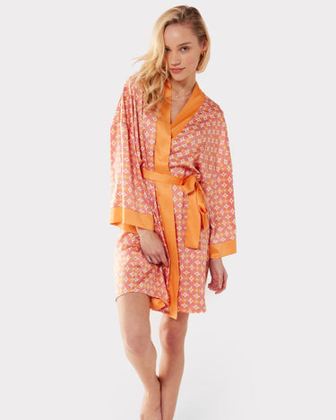Satin Orange & Pink Retro Tile Print Kimono Short Pyjama Set